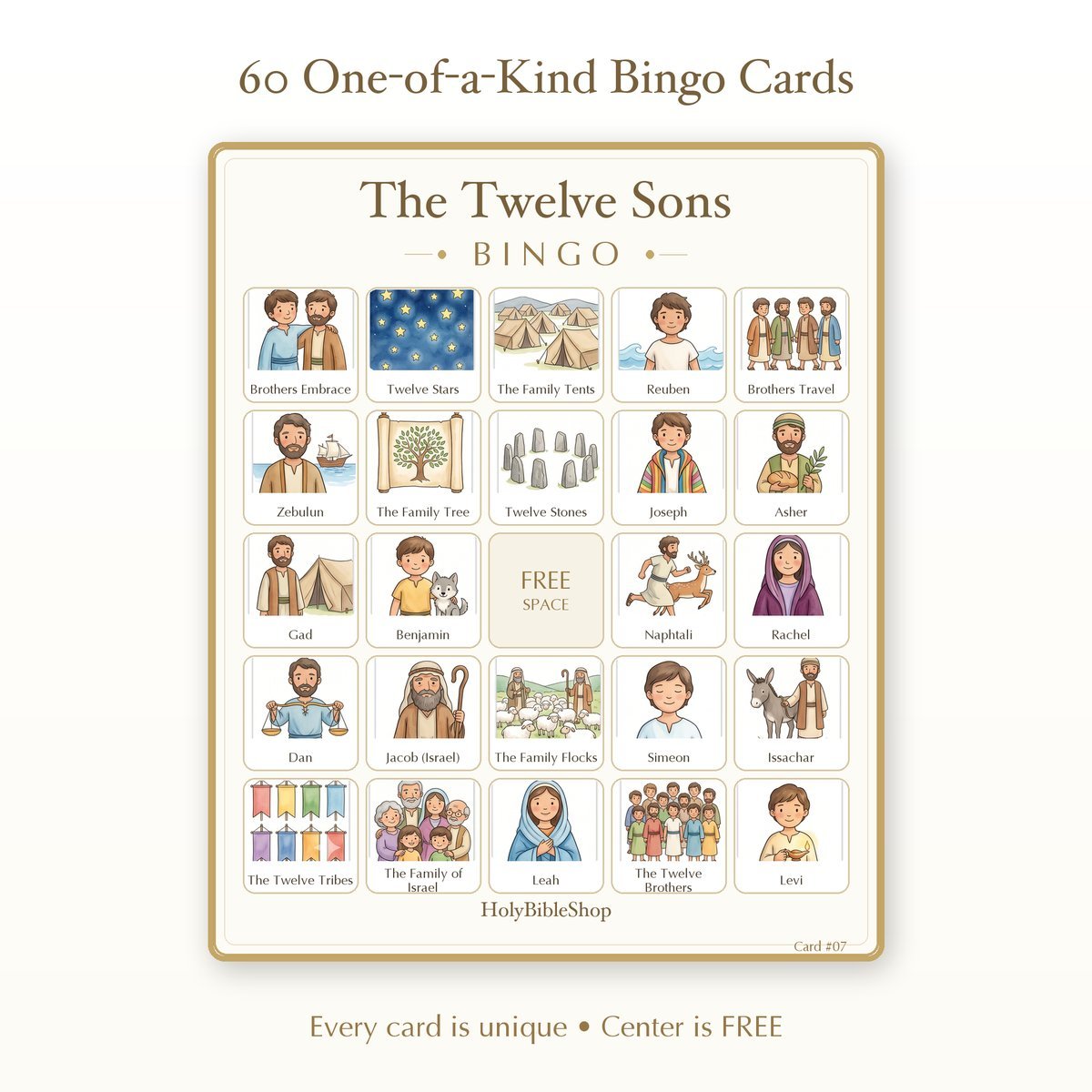 The Twelve Sons Bingo | Printable Bible Bingo Game for Kids | 60 Cards Sunday School VBS Christian Watercolor PDF — image 2