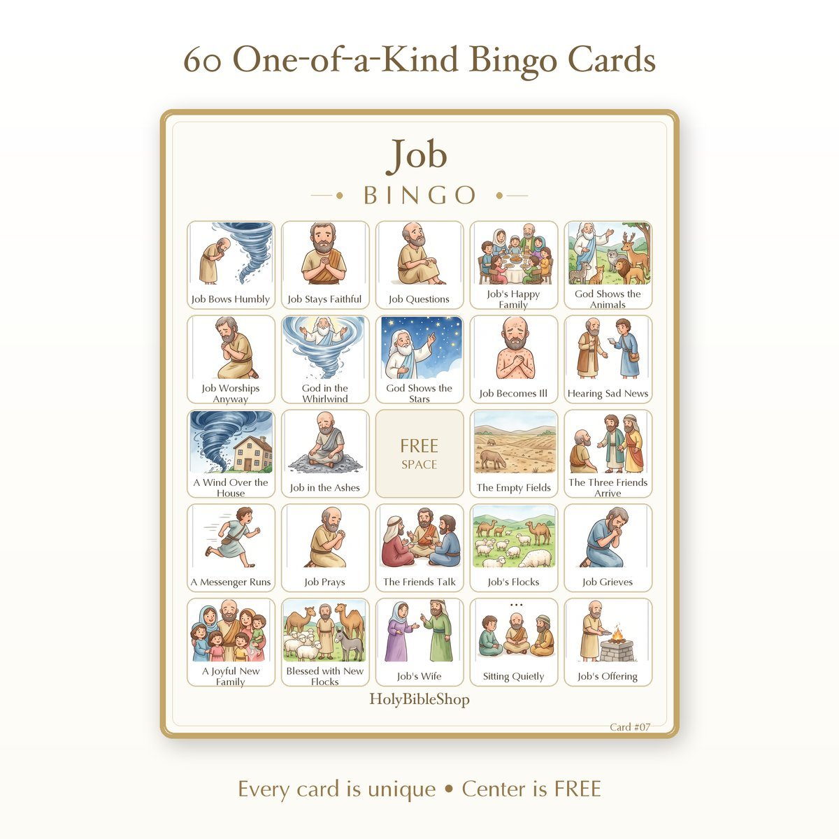 Job Bingo | Printable Bible Bingo Game for Kids | 60 Cards Sunday School VBS Christian Watercolor PDF — image 2