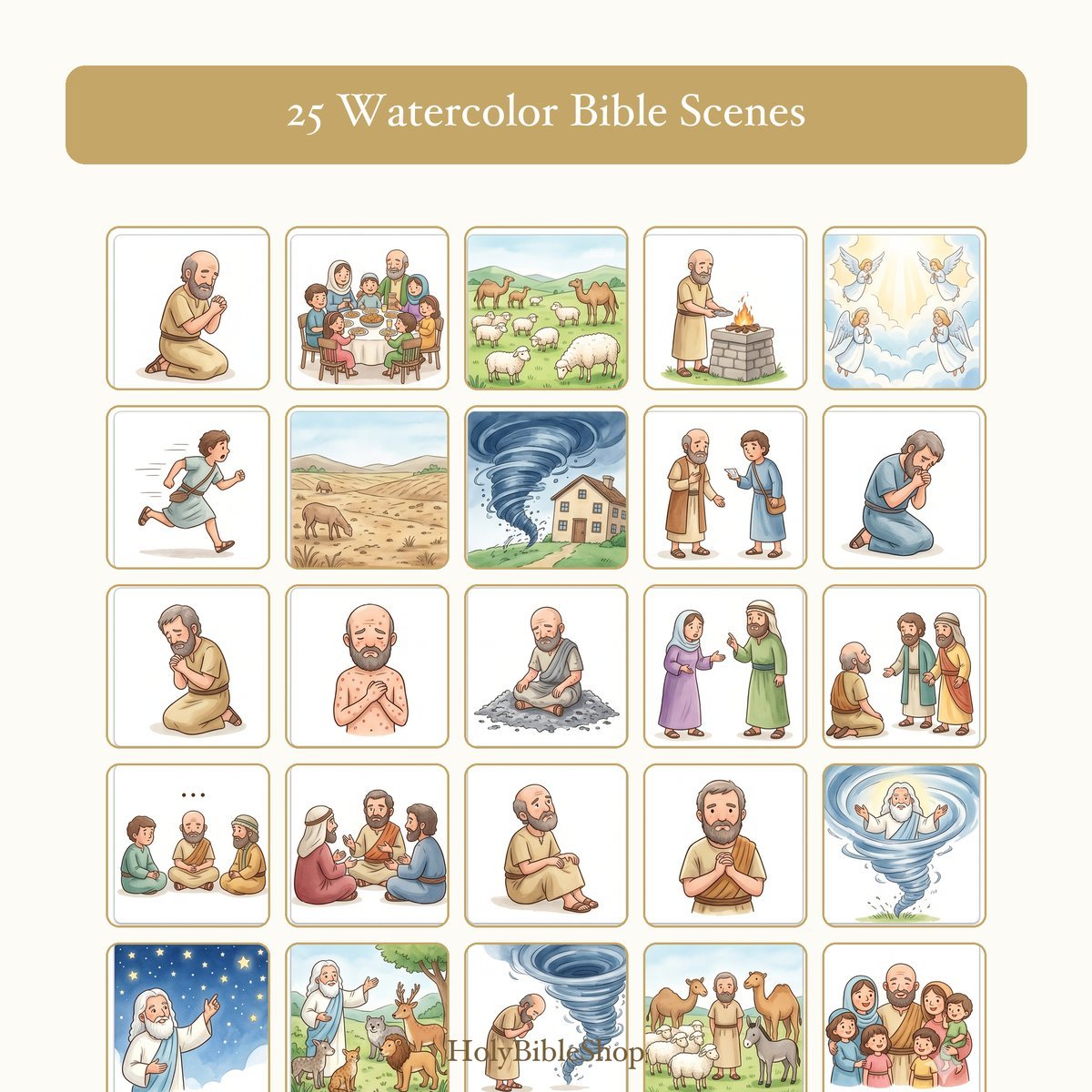 Job Bingo | Printable Bible Bingo Game for Kids | 60 Cards Sunday School VBS Christian Watercolor PDF — image 3