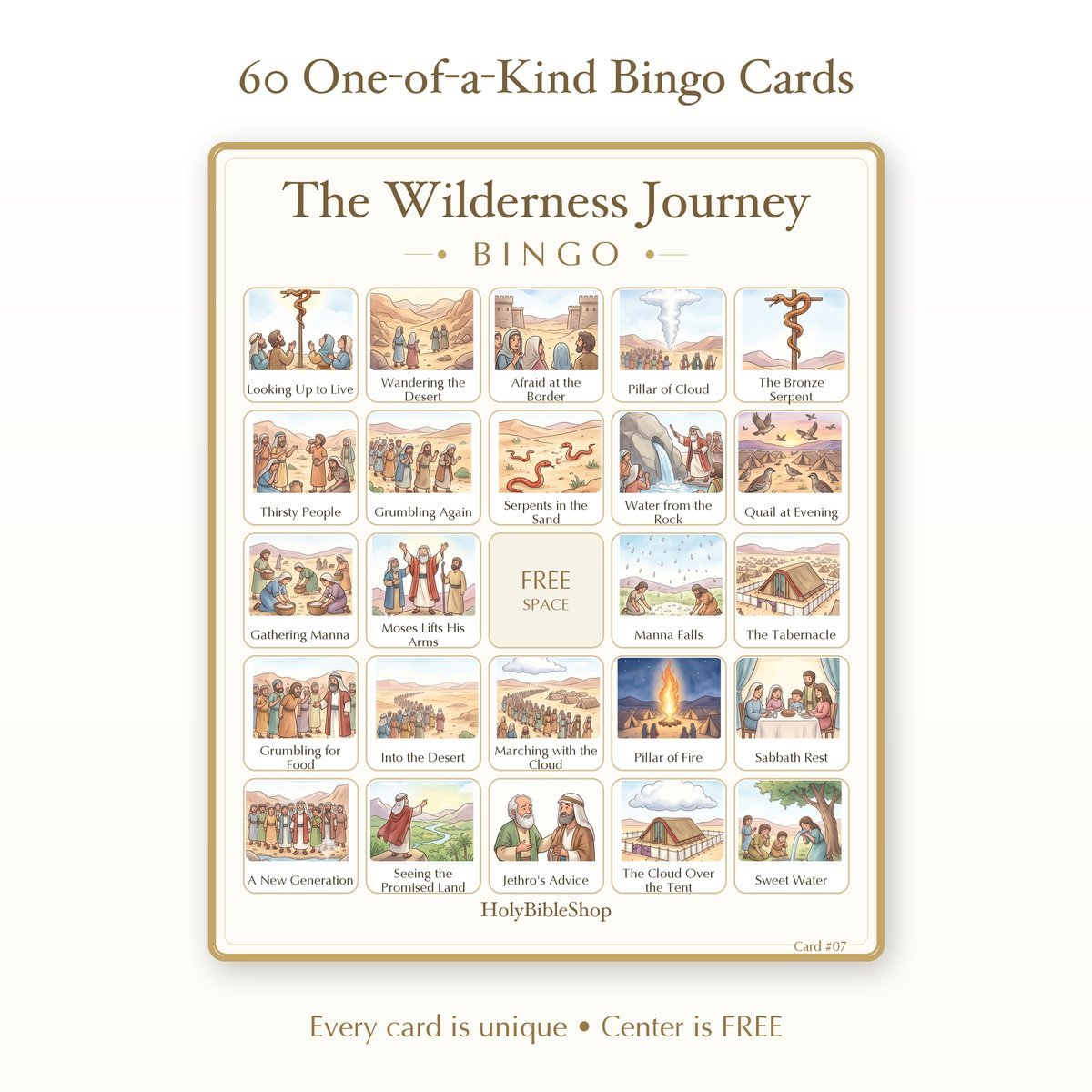 The Wilderness Journey Bingo | Printable Bible Bingo Game for Kids | 60 Cards Sunday School VBS Christian Watercolor PDF — image 2