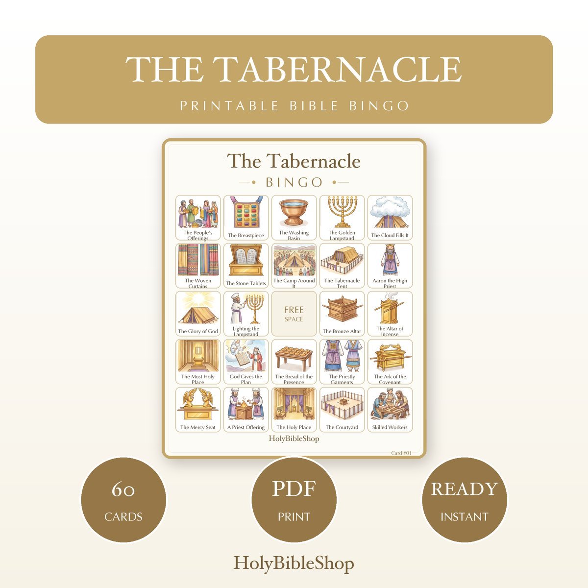 The Tabernacle Bingo | Printable Bible Bingo Game for Kids | 60 Cards Sunday School VBS Christian Watercolor PDF