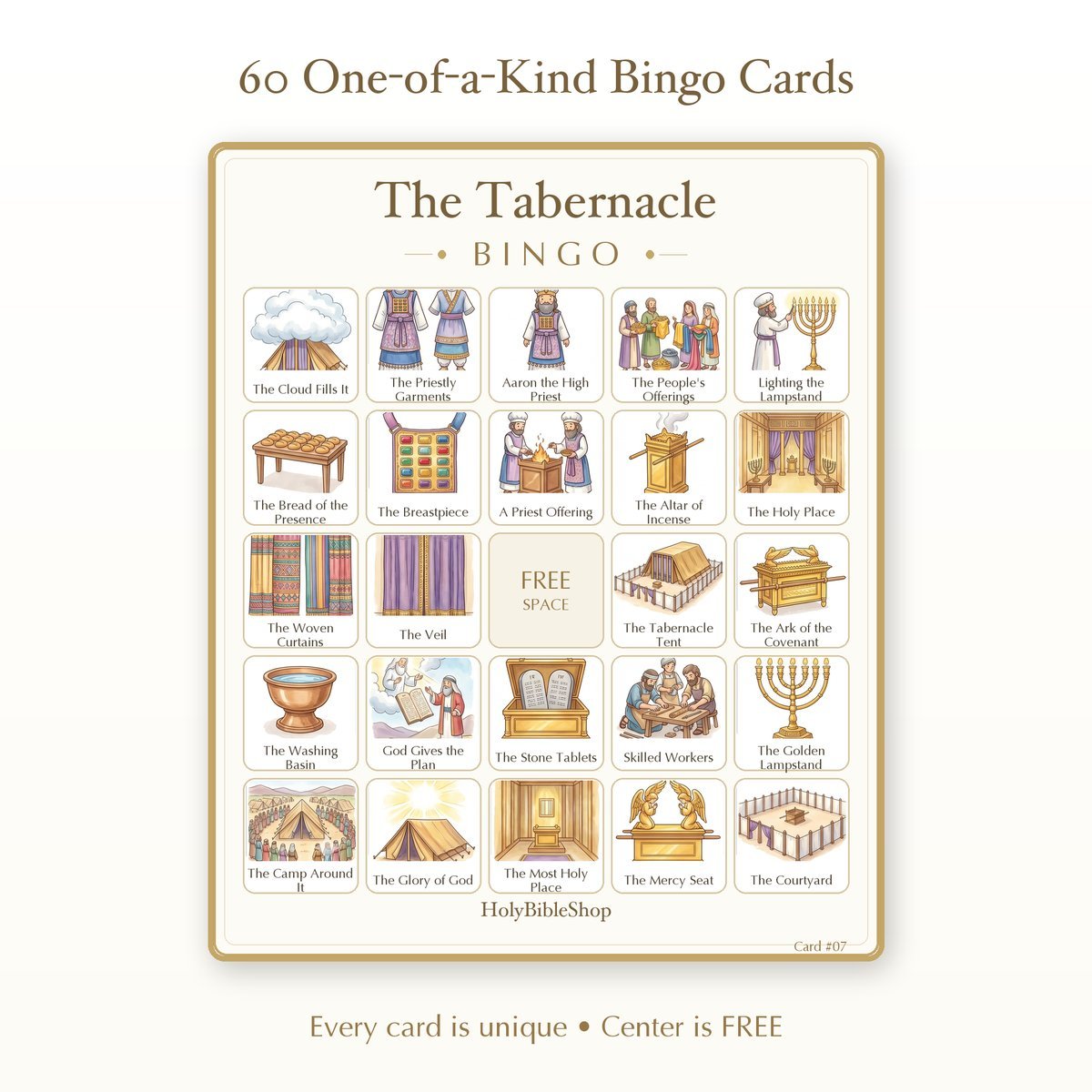 The Tabernacle Bingo | Printable Bible Bingo Game for Kids | 60 Cards Sunday School VBS Christian Watercolor PDF — image 2