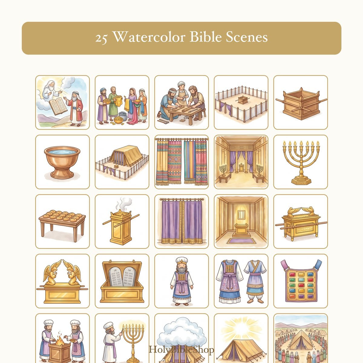 The Tabernacle Bingo | Printable Bible Bingo Game for Kids | 60 Cards Sunday School VBS Christian Watercolor PDF — image 3