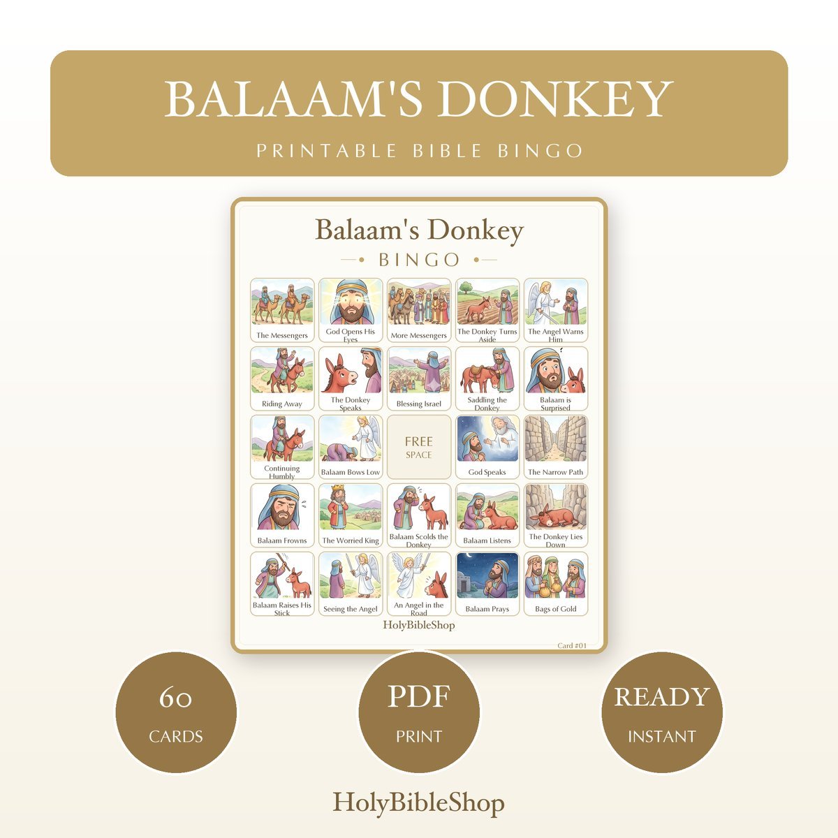 Balaam's Donkey Bingo | Printable Bible Bingo Game for Kids | 60 Cards Sunday School VBS Christian Watercolor PDF