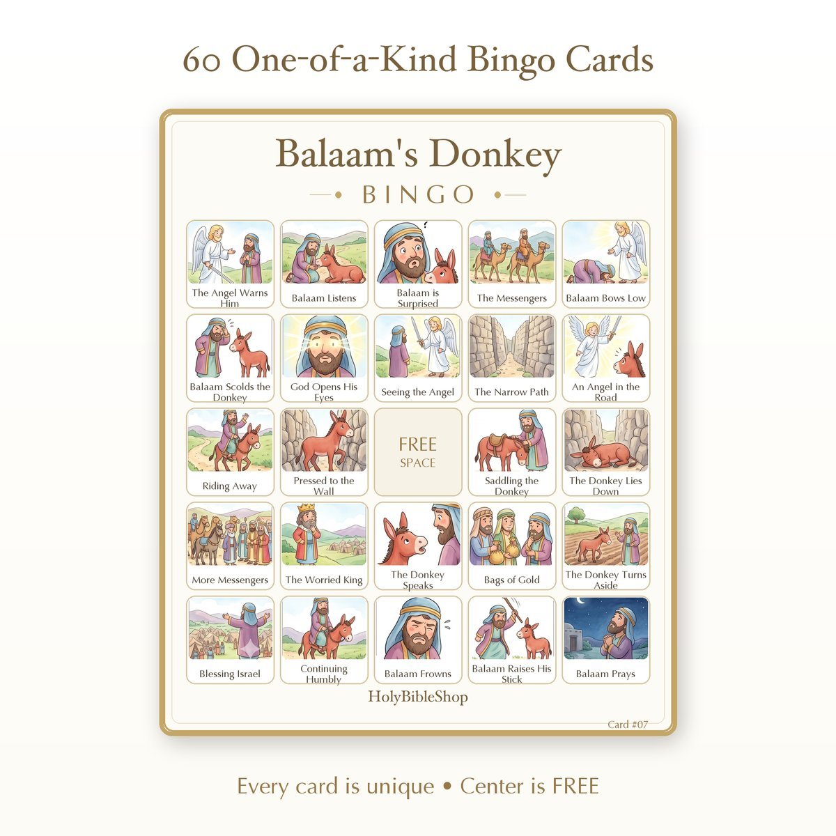 Balaam's Donkey Bingo | Printable Bible Bingo Game for Kids | 60 Cards Sunday School VBS Christian Watercolor PDF — image 2