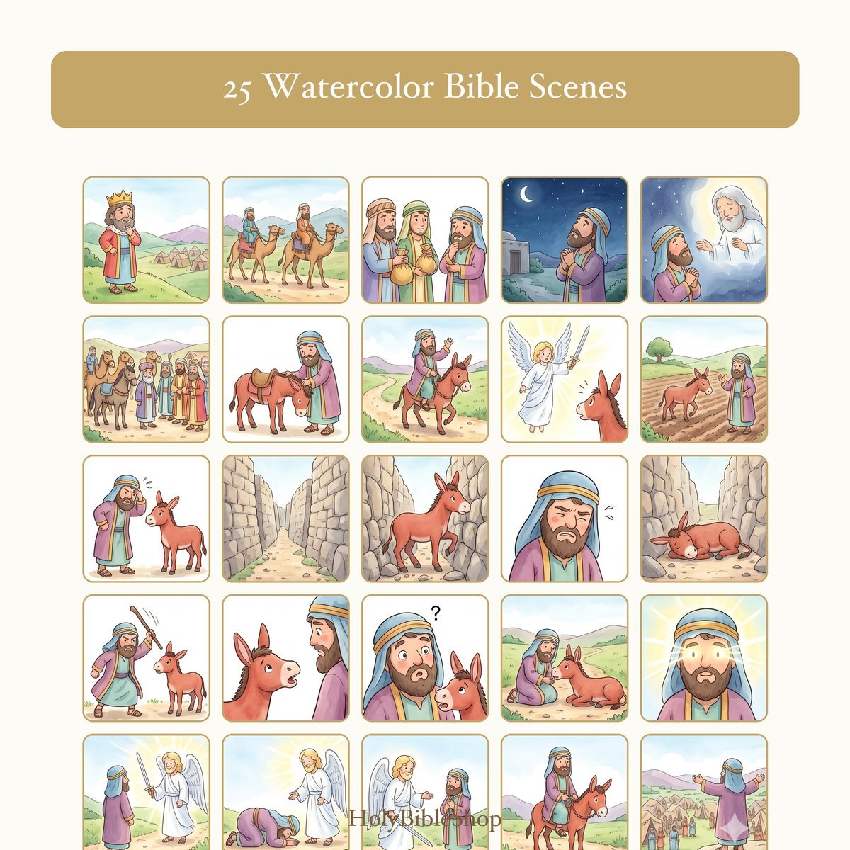 Balaam's Donkey Bingo | Printable Bible Bingo Game for Kids | 60 Cards Sunday School VBS Christian Watercolor PDF — image 3