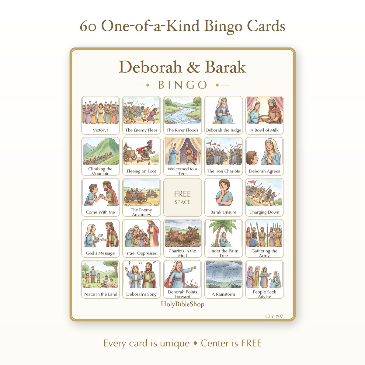 Deborah & Barak Bingo | Printable Bible Bingo Game for Kids | 60 Cards Sunday School VBS Christian Watercolor PDF — image 2