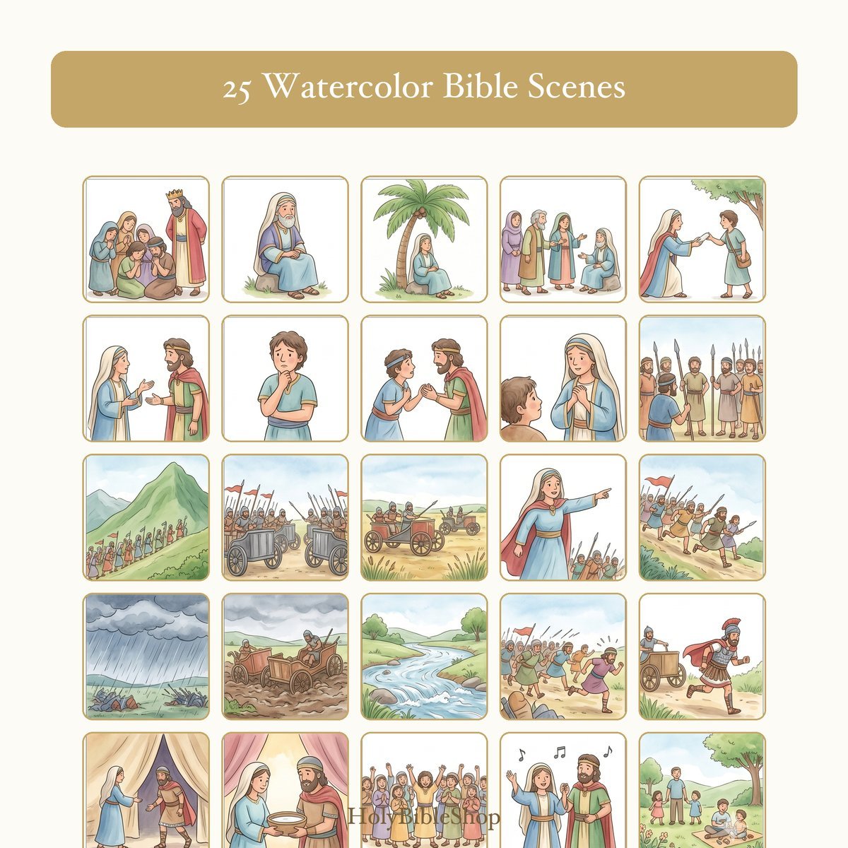 Deborah & Barak Bingo | Printable Bible Bingo Game for Kids | 60 Cards Sunday School VBS Christian Watercolor PDF — image 3