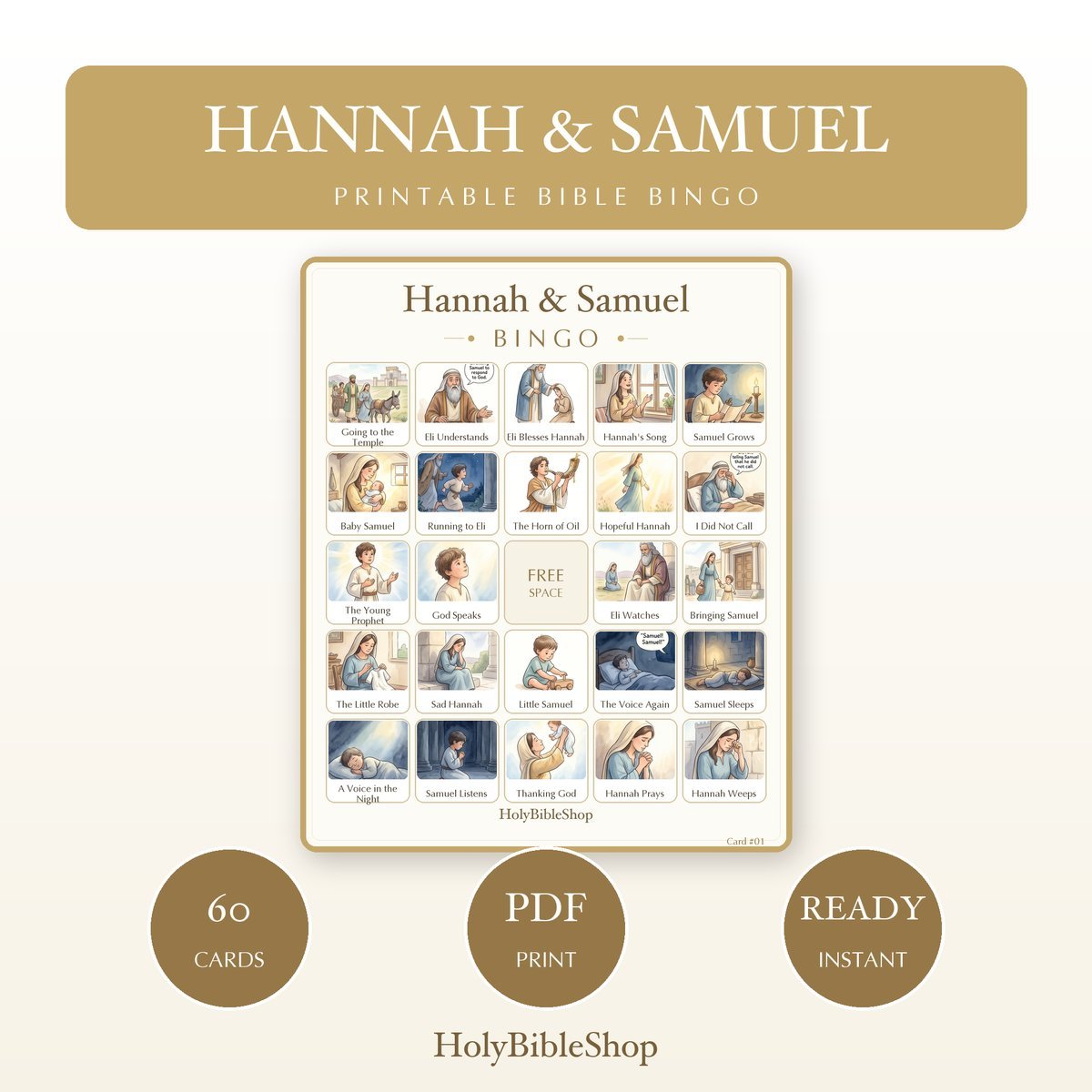 Hannah & Samuel Bingo | Printable Bible Bingo Game for Kids | 60 Cards Sunday School VBS Christian Watercolor PDF
