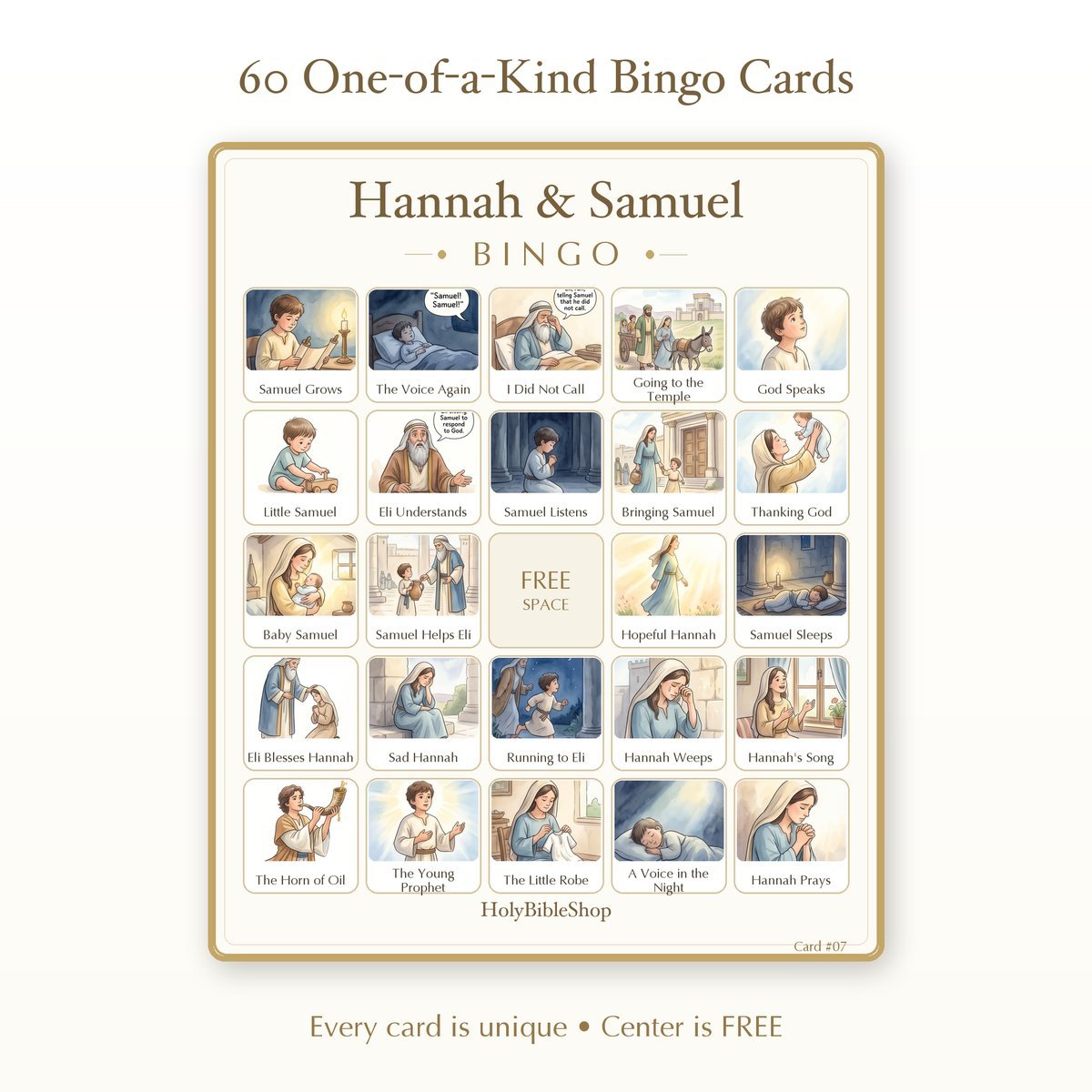 Hannah & Samuel Bingo | Printable Bible Bingo Game for Kids | 60 Cards Sunday School VBS Christian Watercolor PDF — image 2