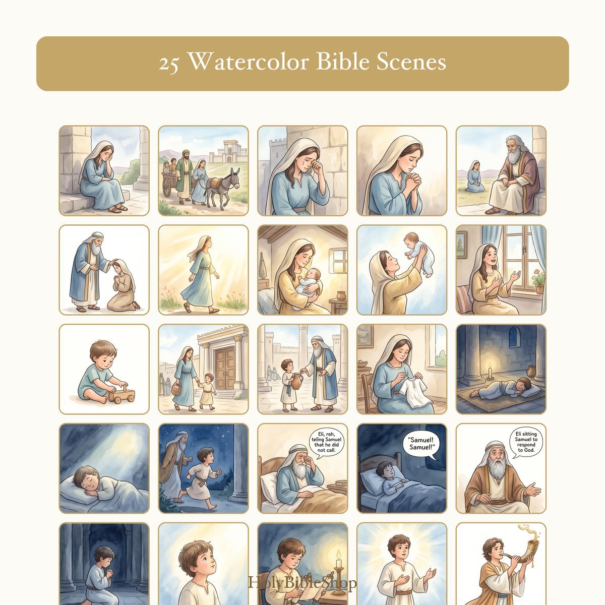Hannah & Samuel Bingo | Printable Bible Bingo Game for Kids | 60 Cards Sunday School VBS Christian Watercolor PDF — image 3