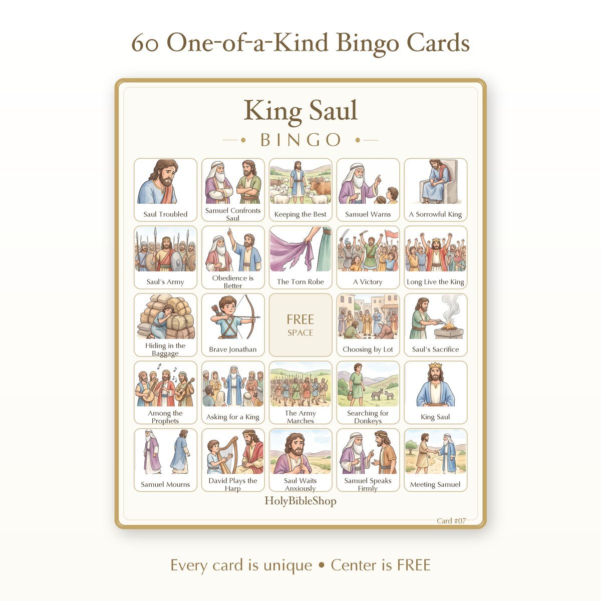 King Saul Bingo | Printable Bible Bingo Game for Kids | 60 Cards Sunday School VBS Christian Watercolor PDF — image 2