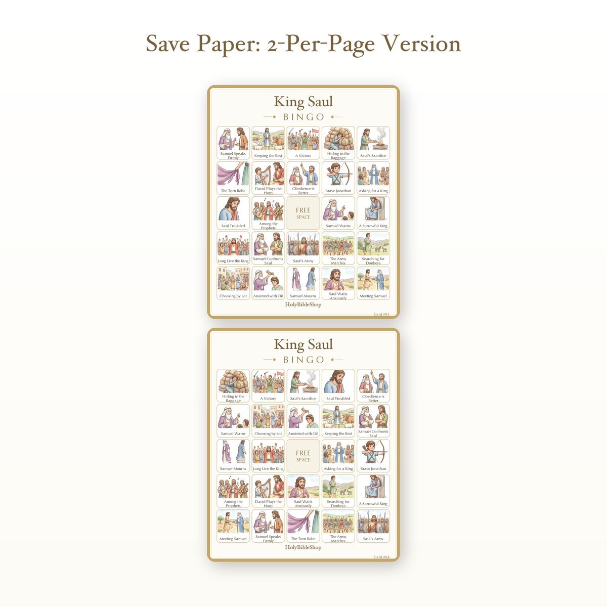 King Saul Bingo | Printable Bible Bingo Game for Kids | 60 Cards Sunday School VBS Christian Watercolor PDF — image 6