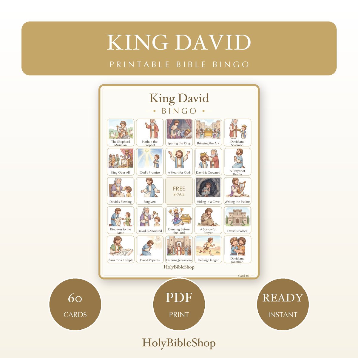 King David Bingo | Printable Bible Bingo Game for Kids | 60 Cards Sunday School VBS Christian Watercolor PDF