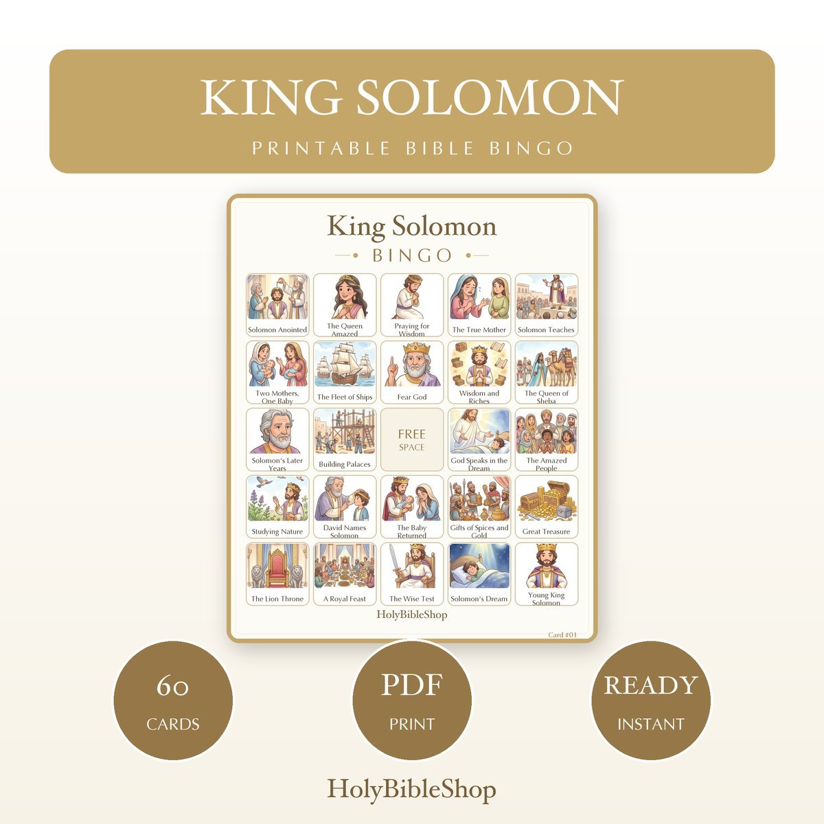 King Solomon Bingo | Printable Bible Bingo Game for Kids | 60 Cards Sunday School VBS Christian Watercolor PDF
