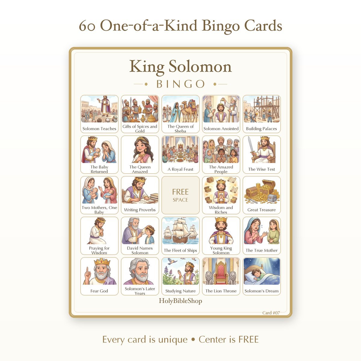 King Solomon Bingo | Printable Bible Bingo Game for Kids | 60 Cards Sunday School VBS Christian Watercolor PDF — image 2