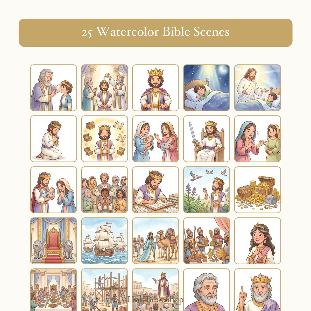 King Solomon Bingo | Printable Bible Bingo Game for Kids | 60 Cards Sunday School VBS Christian Watercolor PDF — image 3
