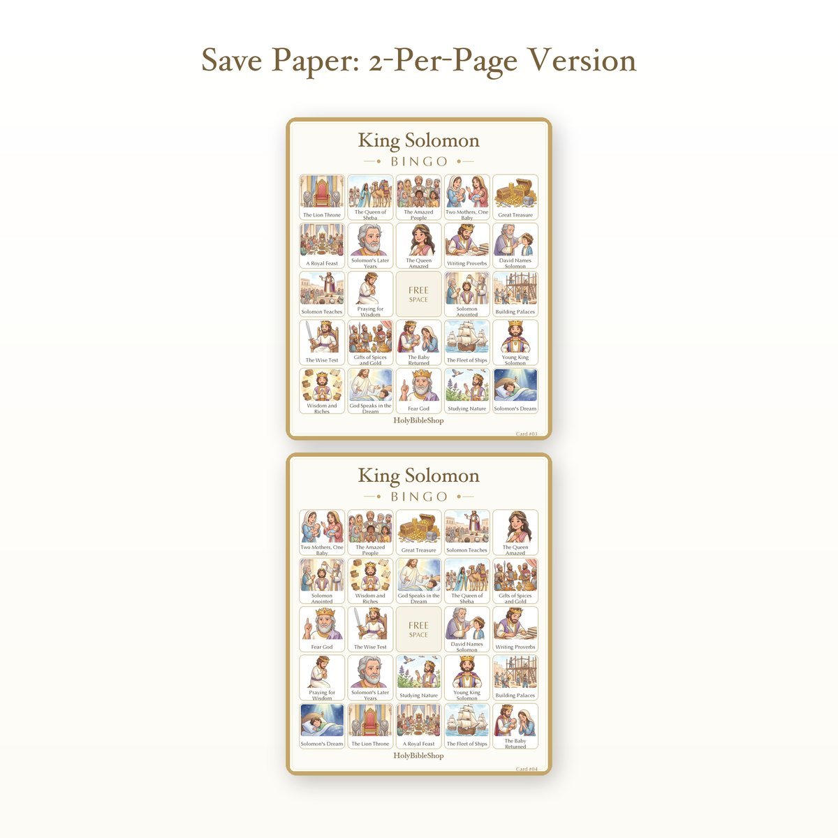 King Solomon Bingo | Printable Bible Bingo Game for Kids | 60 Cards Sunday School VBS Christian Watercolor PDF — image 6