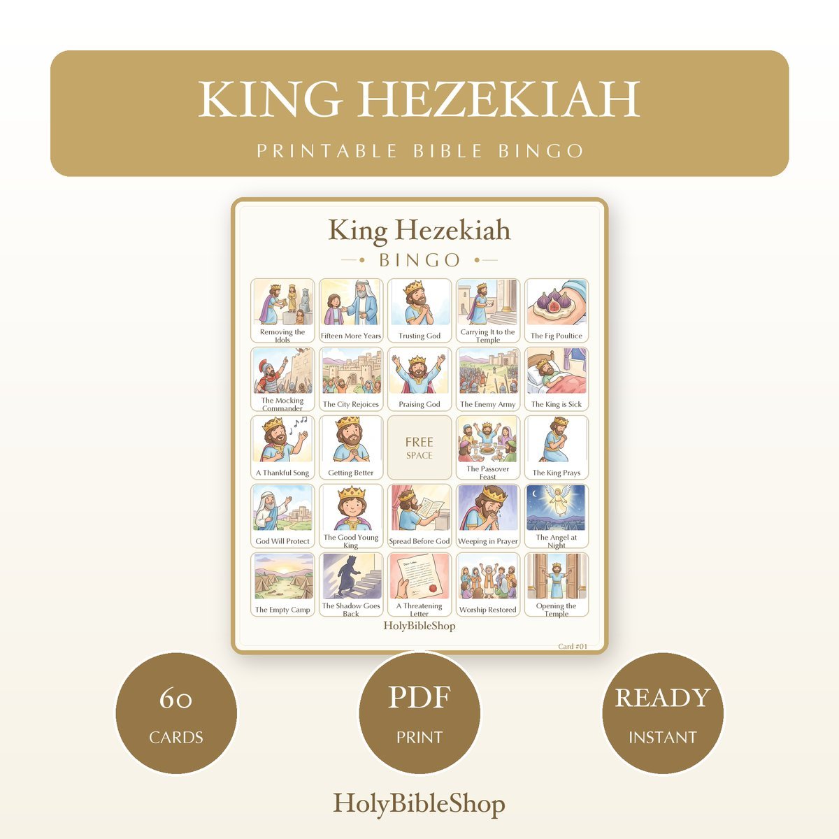 King Hezekiah Bingo | Printable Bible Bingo Game for Kids | 60 Cards Sunday School VBS Christian Watercolor PDF