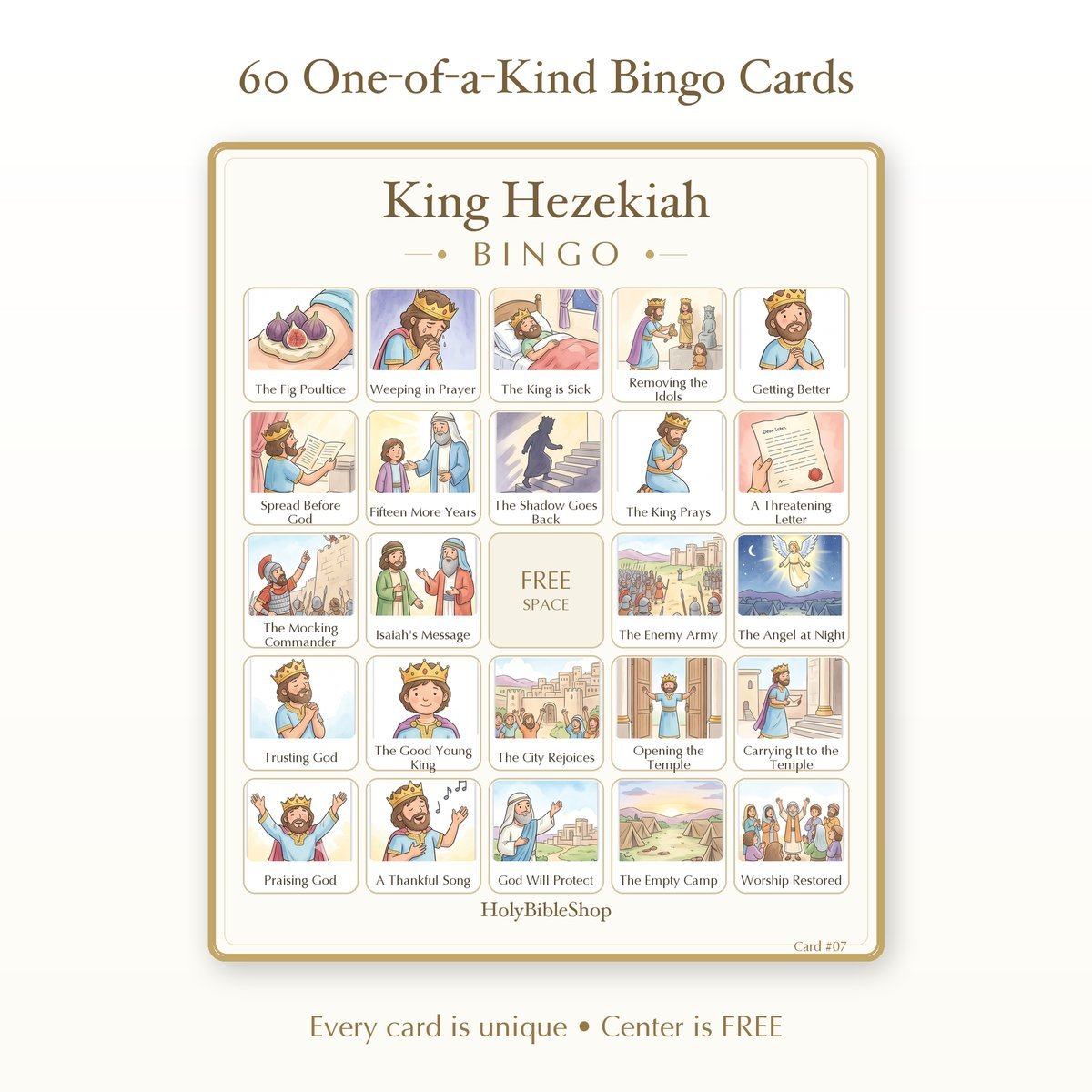 King Hezekiah Bingo | Printable Bible Bingo Game for Kids | 60 Cards Sunday School VBS Christian Watercolor PDF — image 2