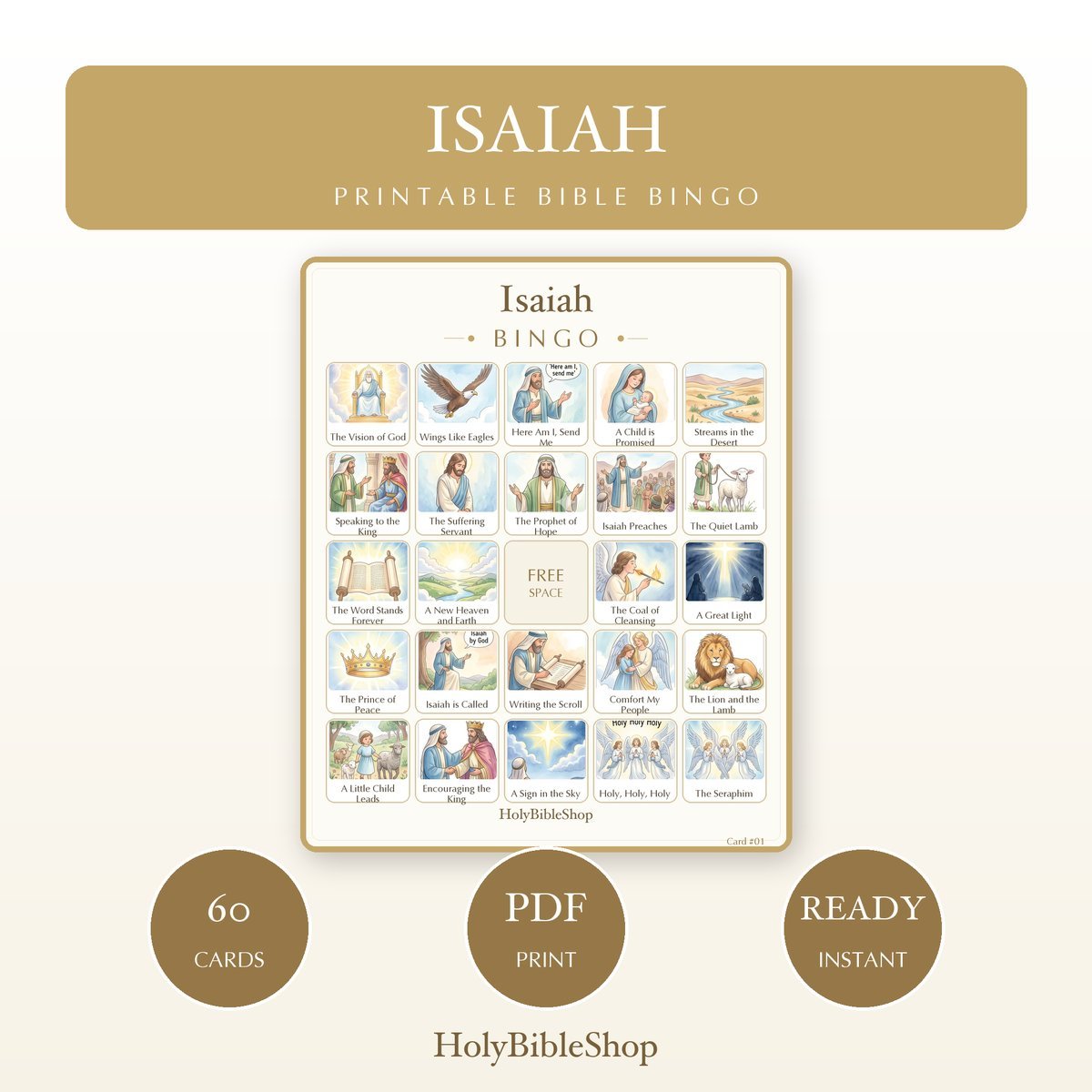 Isaiah Bingo | Printable Bible Bingo Game for Kids | 60 Cards Sunday School VBS Christian Watercolor PDF