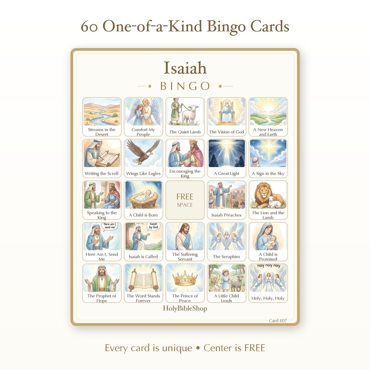 Isaiah Bingo | Printable Bible Bingo Game for Kids | 60 Cards Sunday School VBS Christian Watercolor PDF — image 2