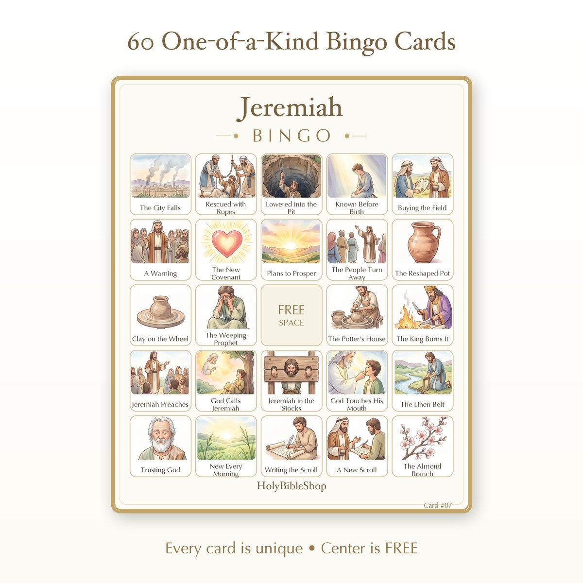 Jeremiah Bingo | Printable Bible Bingo Game for Kids | 60 Cards Sunday School VBS Christian Watercolor PDF — image 2