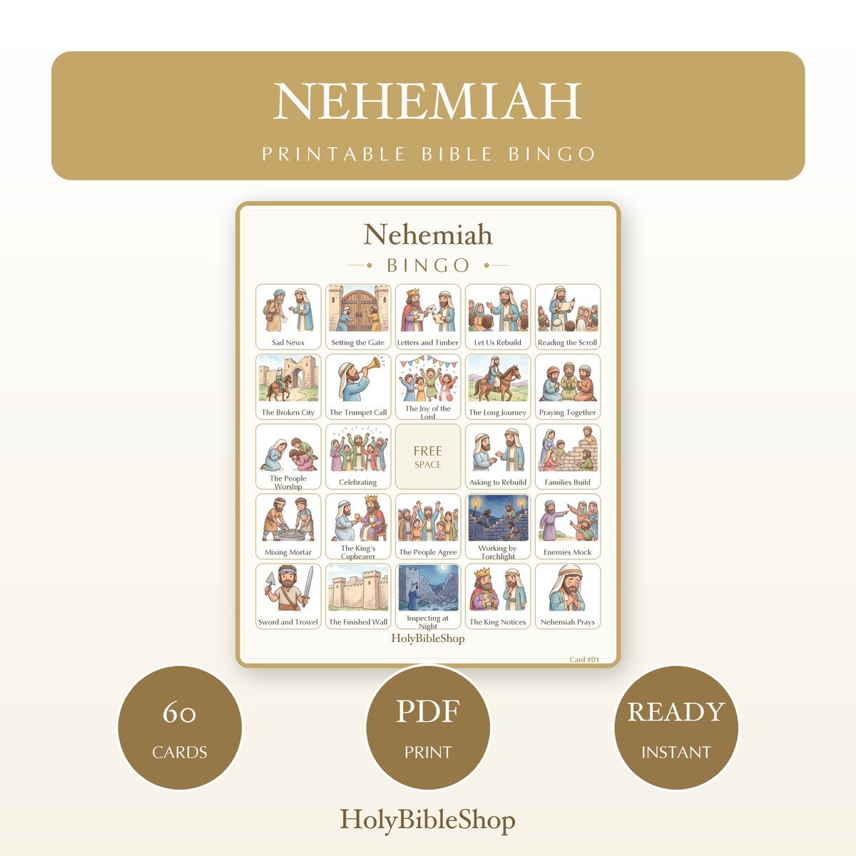 Nehemiah Bingo | Printable Bible Bingo Game for Kids | 60 Cards Sunday School VBS Christian Watercolor PDF