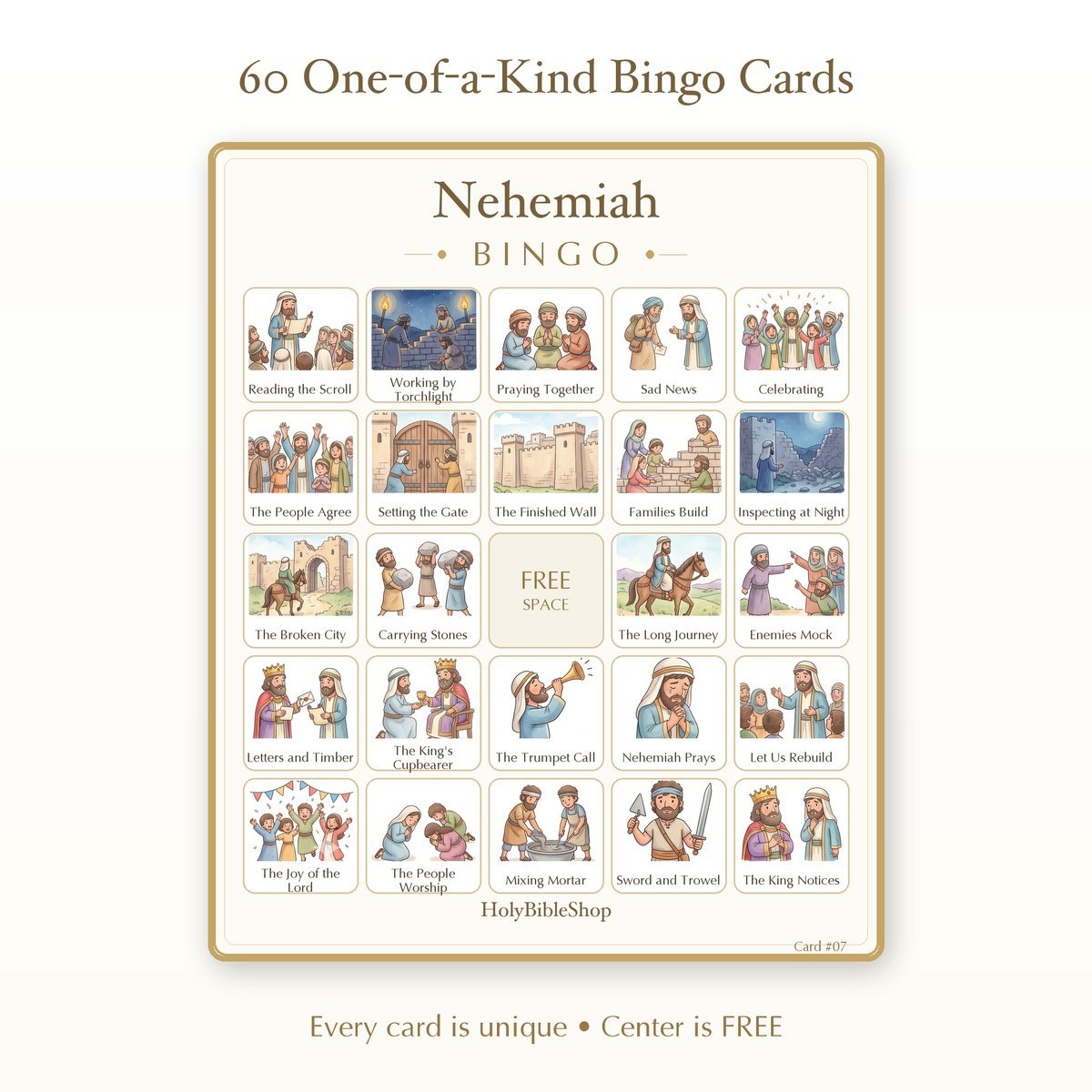 Nehemiah Bingo | Printable Bible Bingo Game for Kids | 60 Cards Sunday School VBS Christian Watercolor PDF — image 2