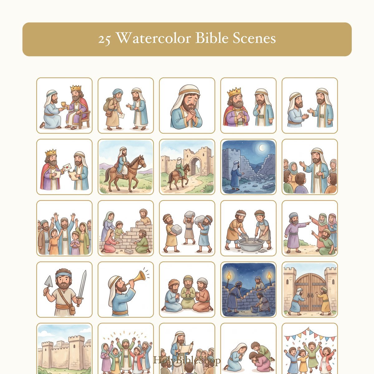 Nehemiah Bingo | Printable Bible Bingo Game for Kids | 60 Cards Sunday School VBS Christian Watercolor PDF — image 3