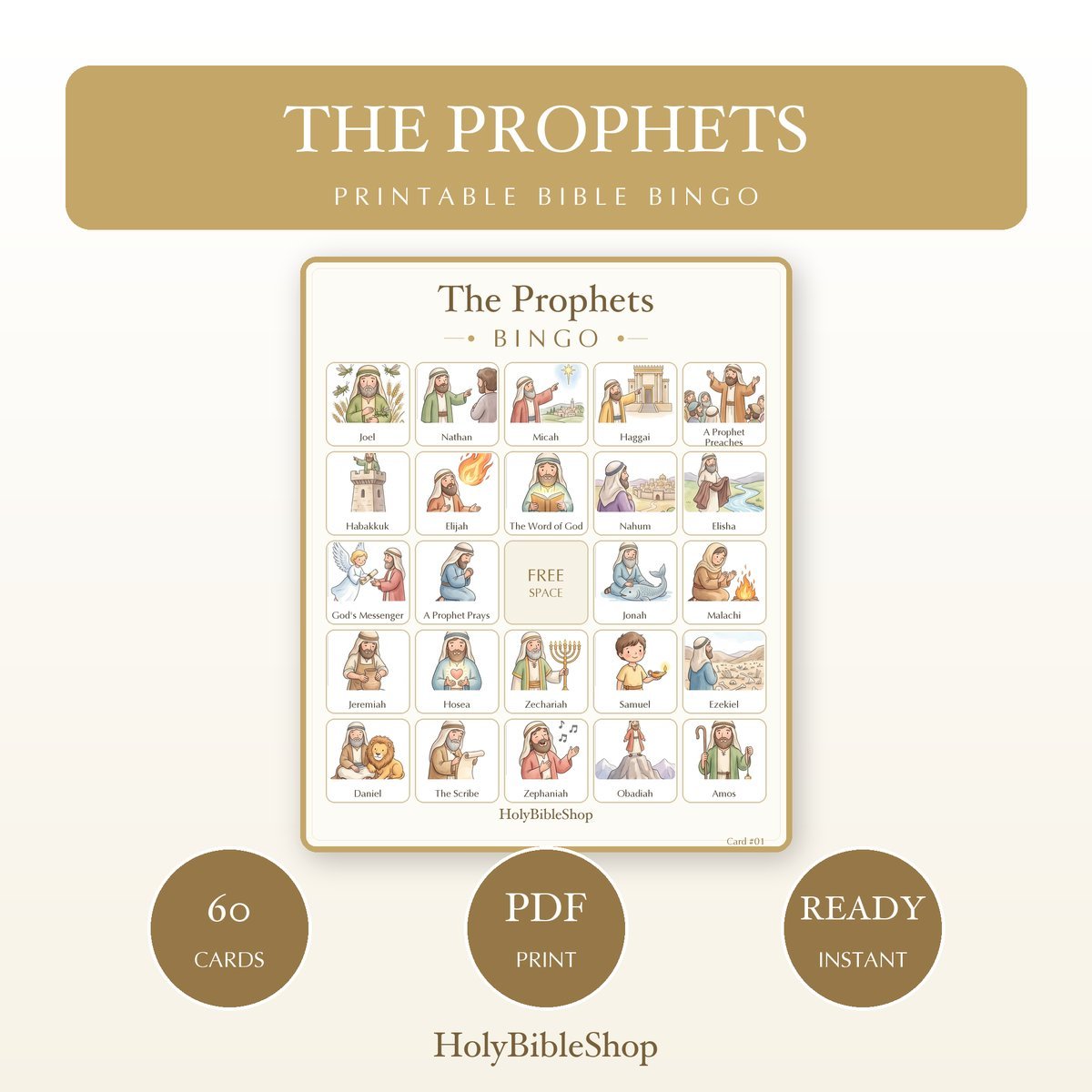 The Prophets Bingo | Printable Bible Bingo Game for Kids | 60 Cards Sunday School VBS Christian Watercolor PDF