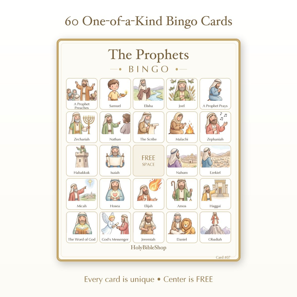The Prophets Bingo | Printable Bible Bingo Game for Kids | 60 Cards Sunday School VBS Christian Watercolor PDF — image 2