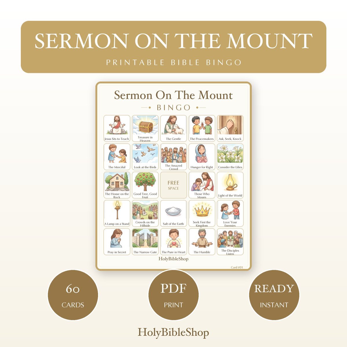 Sermon On The Mount Bingo | Printable Bible Bingo Game for Kids | 60 Cards Sunday School VBS Christian Watercolor PDF