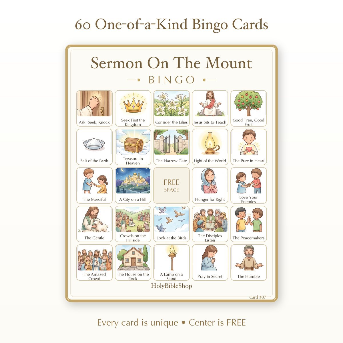 Sermon On The Mount Bingo | Printable Bible Bingo Game for Kids | 60 Cards Sunday School VBS Christian Watercolor PDF — image 2