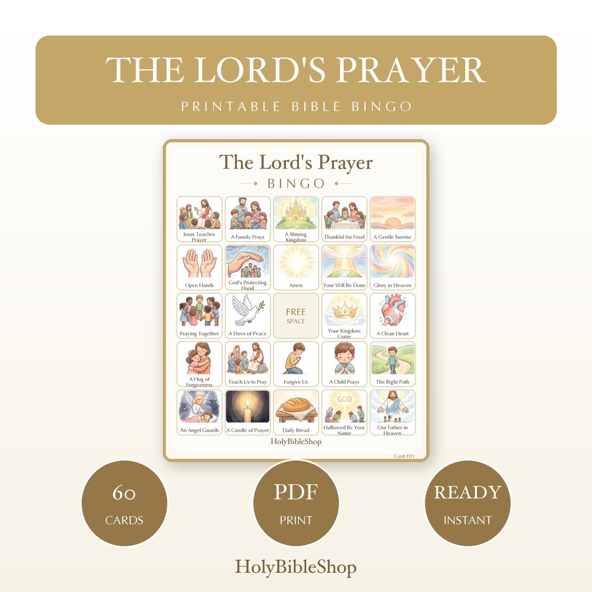 The Lord's Prayer Bingo | Printable Bible Bingo Game for Kids | 60 Cards Sunday School VBS Christian Watercolor PDF