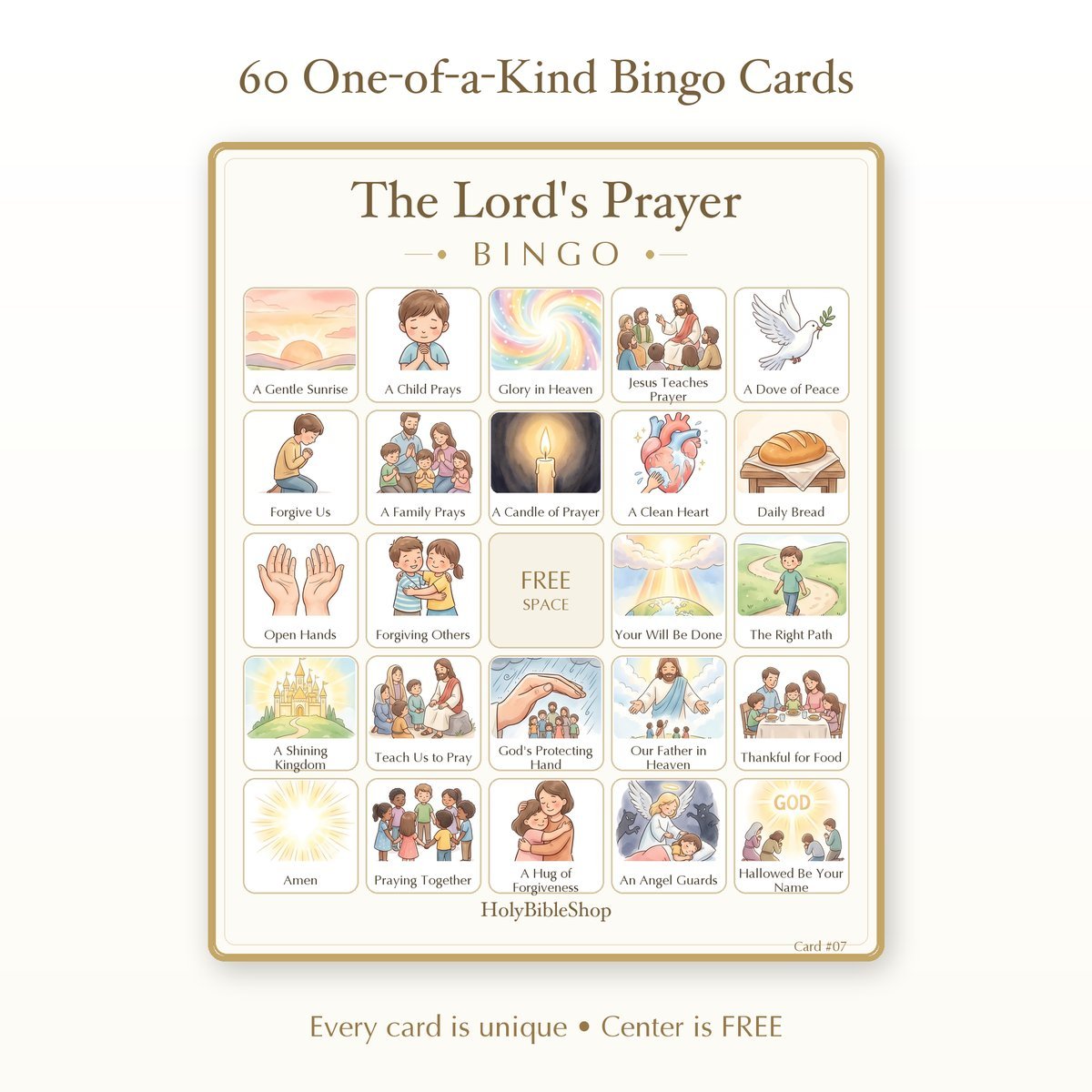 The Lord's Prayer Bingo | Printable Bible Bingo Game for Kids | 60 Cards Sunday School VBS Christian Watercolor PDF — image 2
