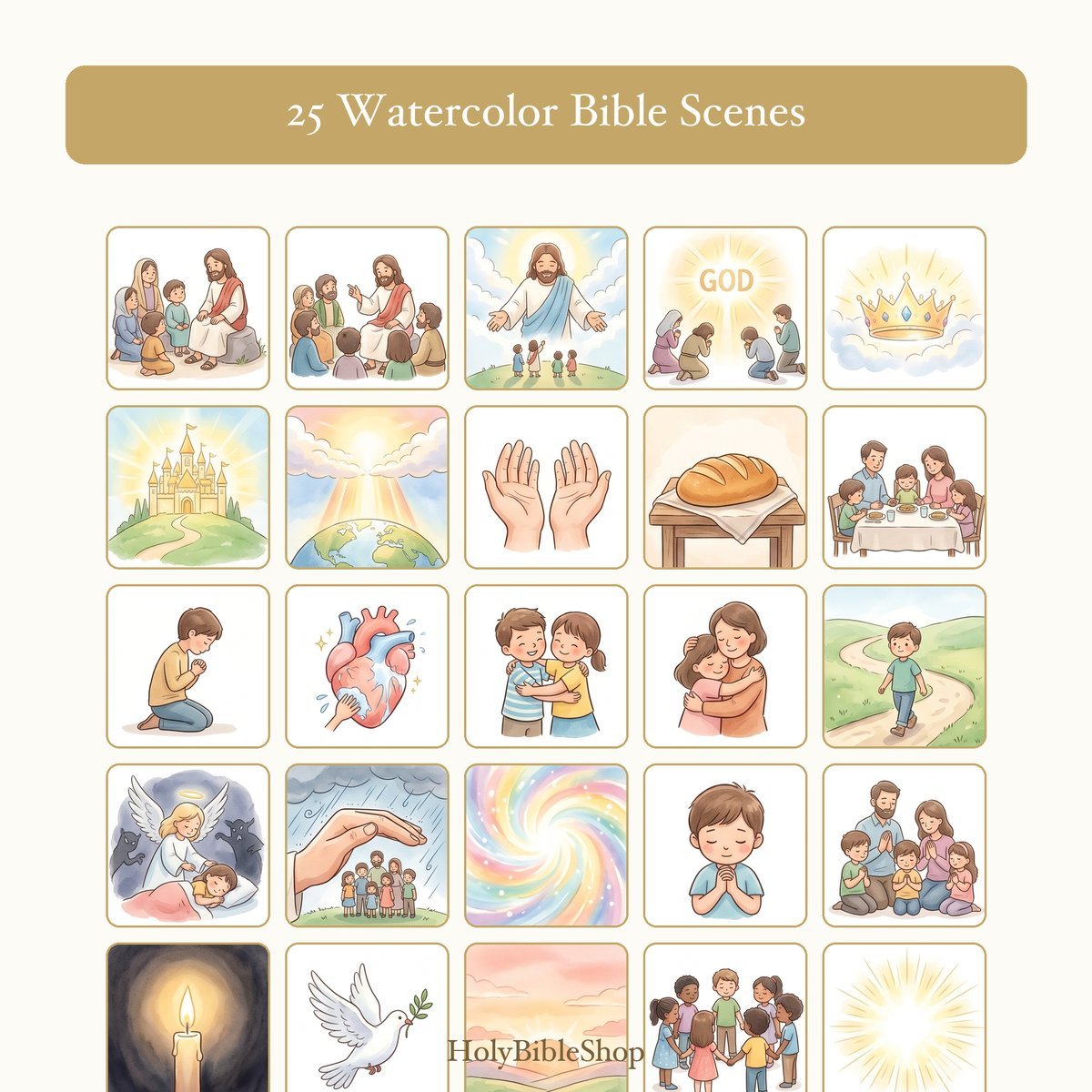 The Lord's Prayer Bingo | Printable Bible Bingo Game for Kids | 60 Cards Sunday School VBS Christian Watercolor PDF — image 3