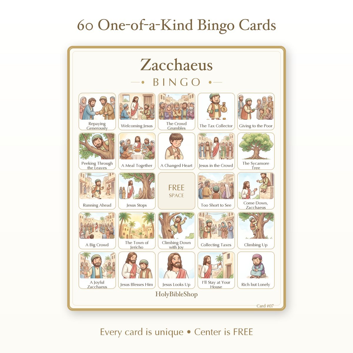 Zacchaeus Bingo | Printable Bible Bingo Game for Kids | 60 Cards Sunday School VBS Christian Watercolor PDF — image 2