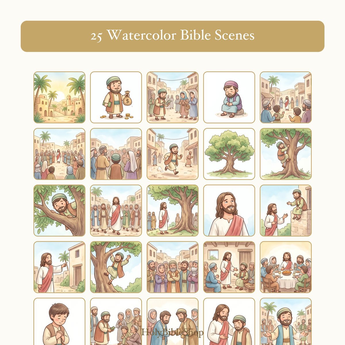 Zacchaeus Bingo | Printable Bible Bingo Game for Kids | 60 Cards Sunday School VBS Christian Watercolor PDF — image 3