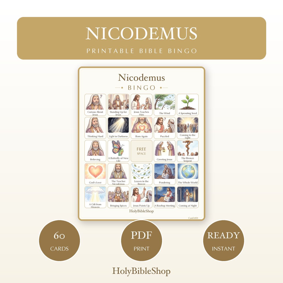 Nicodemus Bingo | Printable Bible Bingo Game for Kids | 60 Cards Sunday School VBS Christian Watercolor PDF