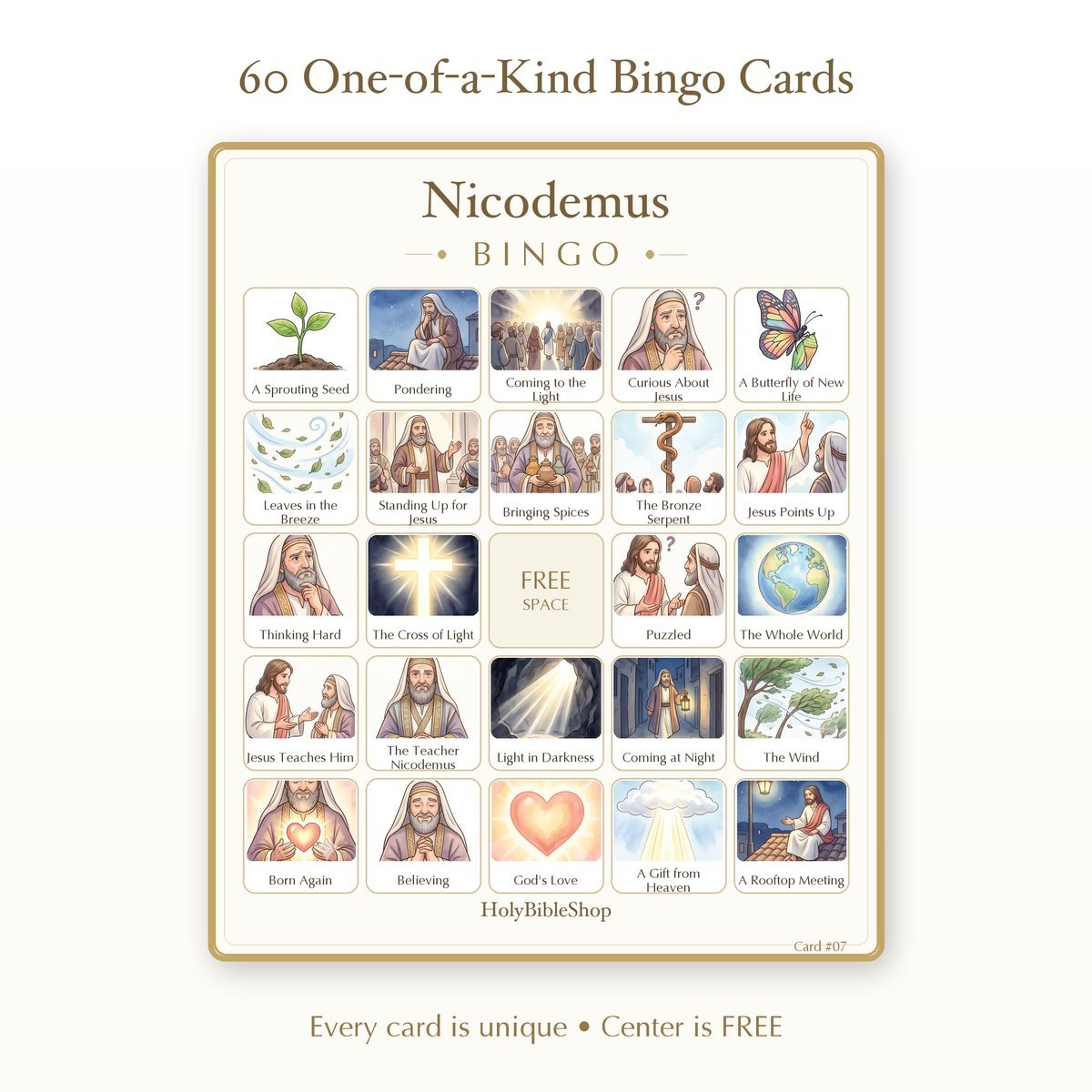 Nicodemus Bingo | Printable Bible Bingo Game for Kids | 60 Cards Sunday School VBS Christian Watercolor PDF — image 2