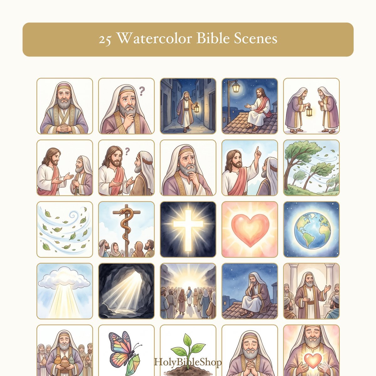 Nicodemus Bingo | Printable Bible Bingo Game for Kids | 60 Cards Sunday School VBS Christian Watercolor PDF — image 3