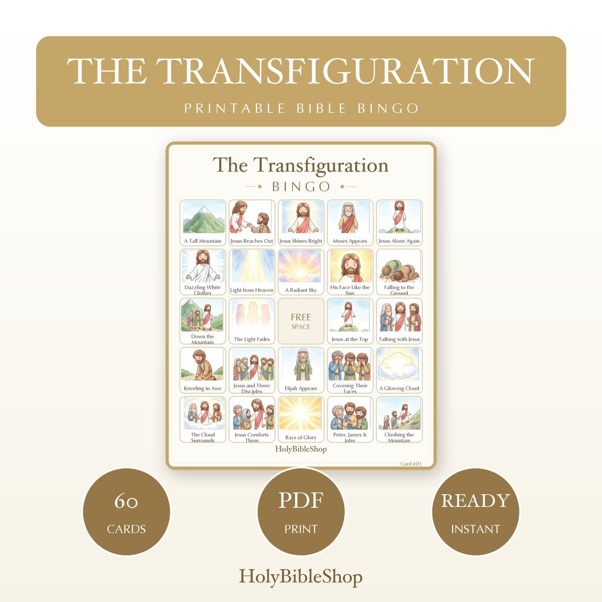 The Transfiguration Bingo | Printable Bible Bingo Game for Kids | 60 Cards Sunday School VBS Christian Watercolor PDF