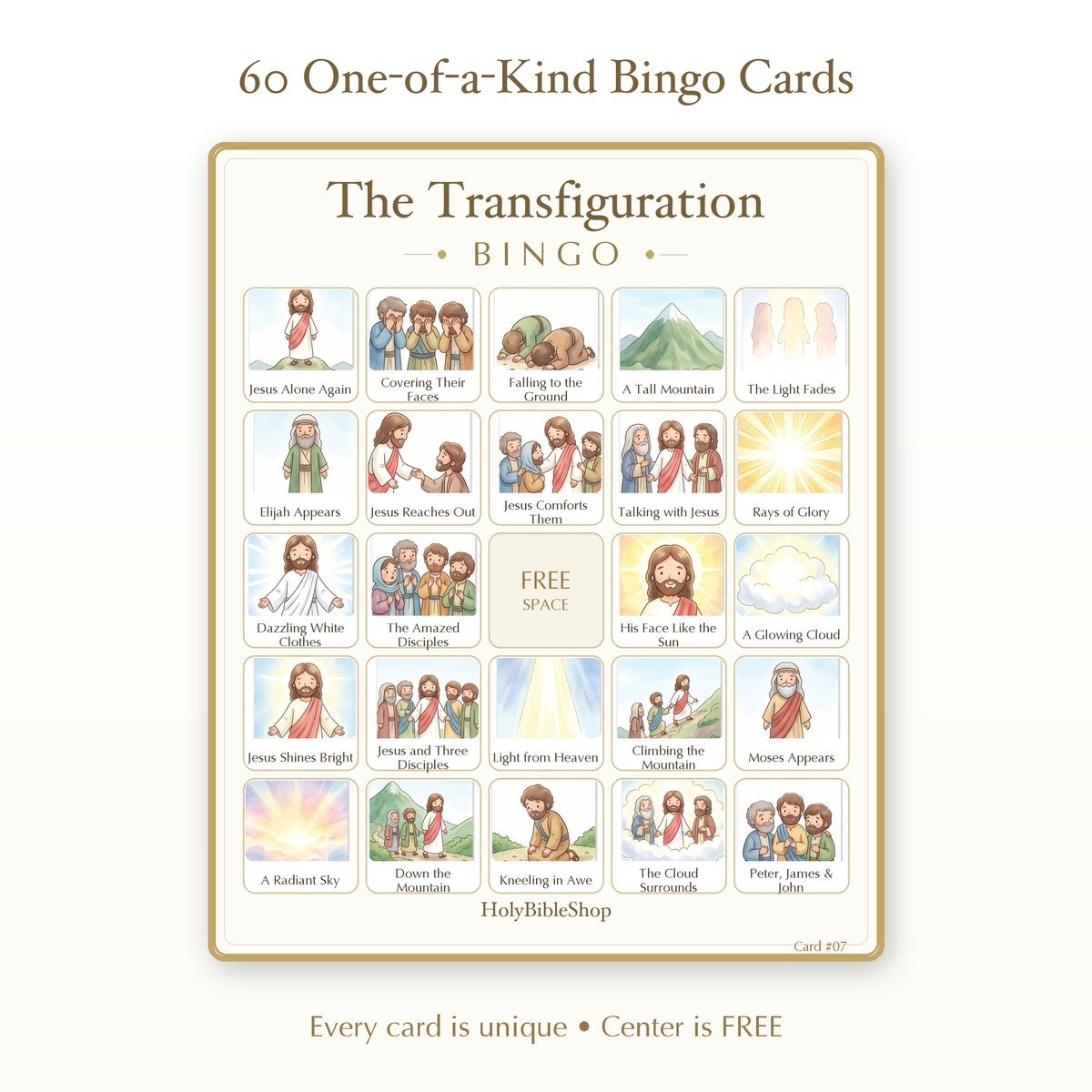 The Transfiguration Bingo | Printable Bible Bingo Game for Kids | 60 Cards Sunday School VBS Christian Watercolor PDF — image 2