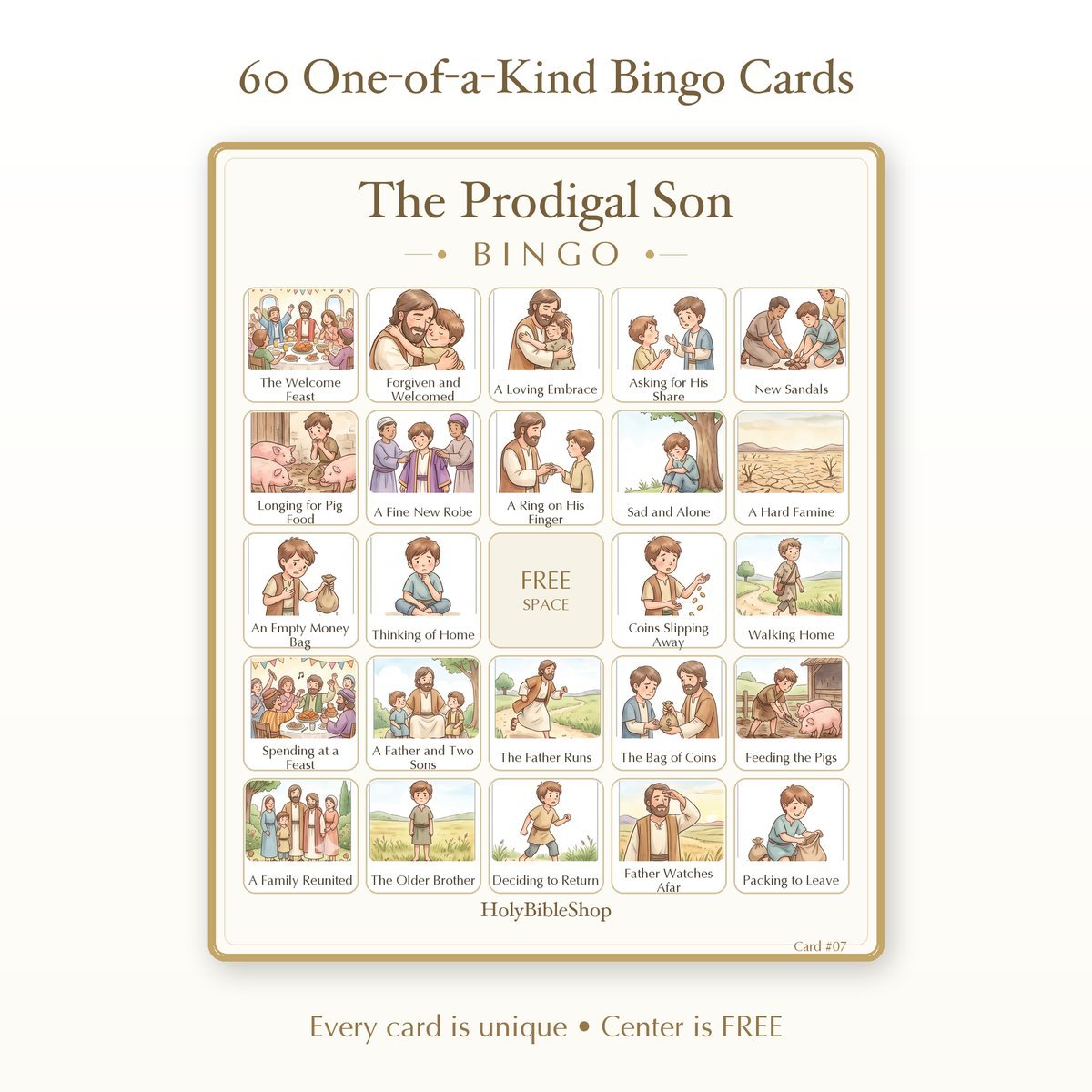 The Prodigal Son Bingo | Printable Bible Bingo Game for Kids | 60 Cards Sunday School VBS Christian Watercolor PDF — image 2