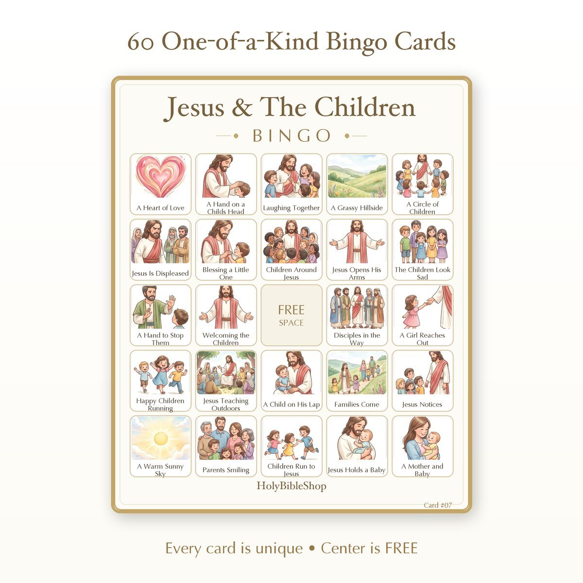 Jesus & The Children Bingo | Printable Bible Bingo Game for Kids | 60 Cards Sunday School VBS Christian Watercolor PDF — image 2