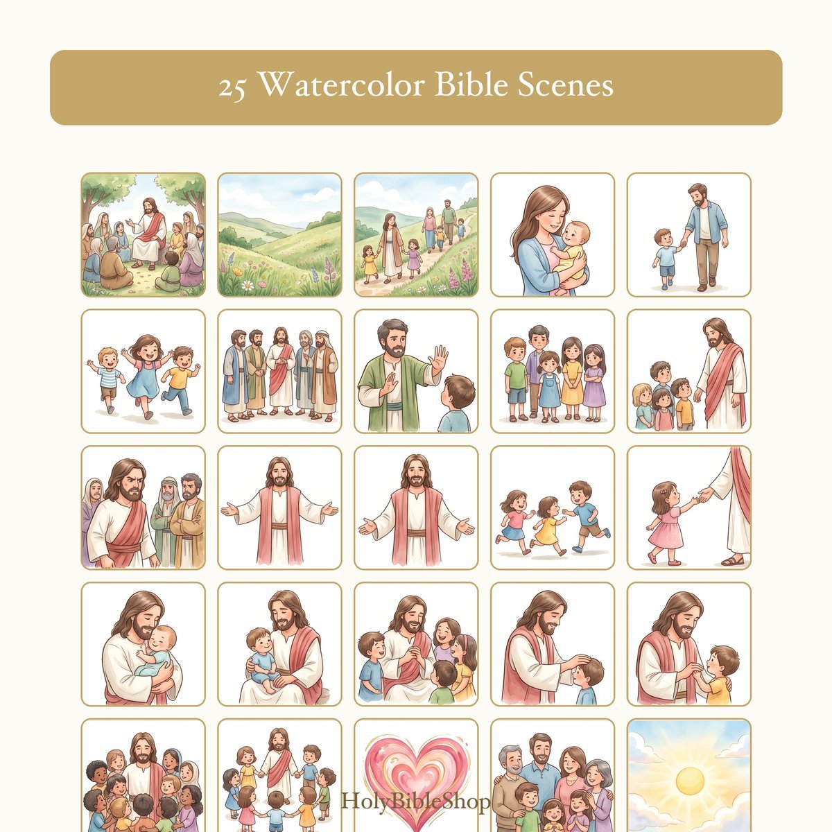 Jesus & The Children Bingo | Printable Bible Bingo Game for Kids | 60 Cards Sunday School VBS Christian Watercolor PDF — image 3