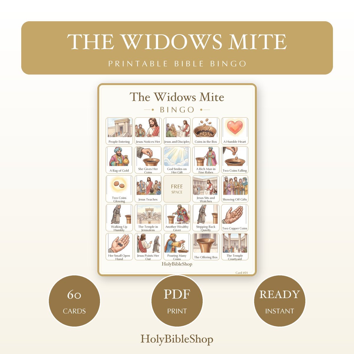 The Widows Mite Bingo | Printable Bible Bingo Game for Kids | 60 Cards Sunday School VBS Christian Watercolor PDF
