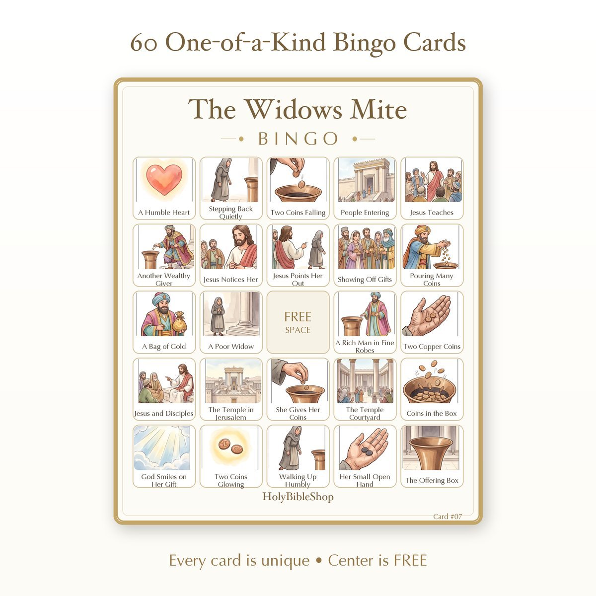 The Widows Mite Bingo | Printable Bible Bingo Game for Kids | 60 Cards Sunday School VBS Christian Watercolor PDF — image 2