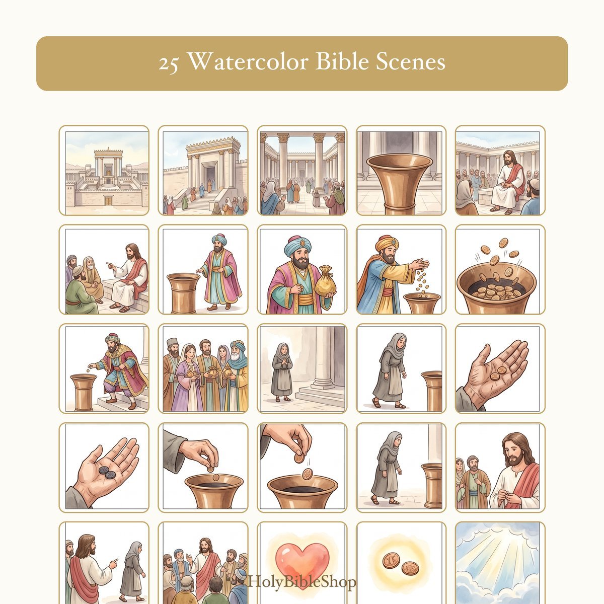 The Widows Mite Bingo | Printable Bible Bingo Game for Kids | 60 Cards Sunday School VBS Christian Watercolor PDF — image 3